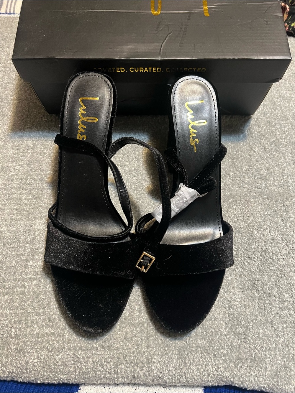 Lulu's Black Velvet Strappy Slide Heels with Gold Buckle